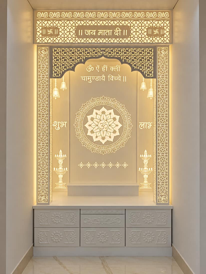 Illuminated Corian mandir with warm LED light, Delhi NCR