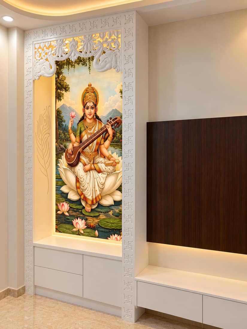 Wall-mounted Corian mandir with drawers, Delhi NCR